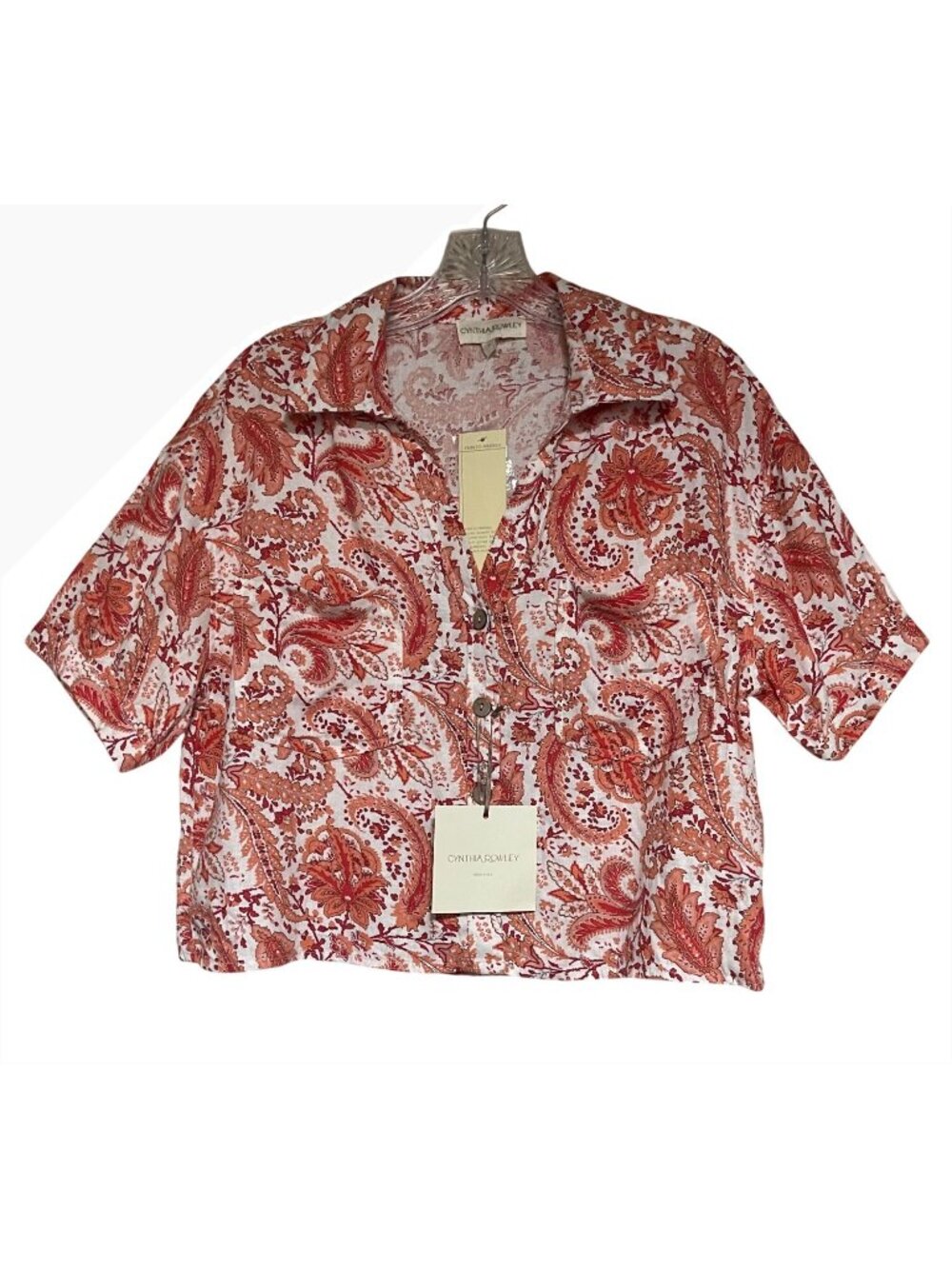 Cynthia Rowley Paisley Shirt Womens M Cropped Boxy Boho Red Orange Retro Resort